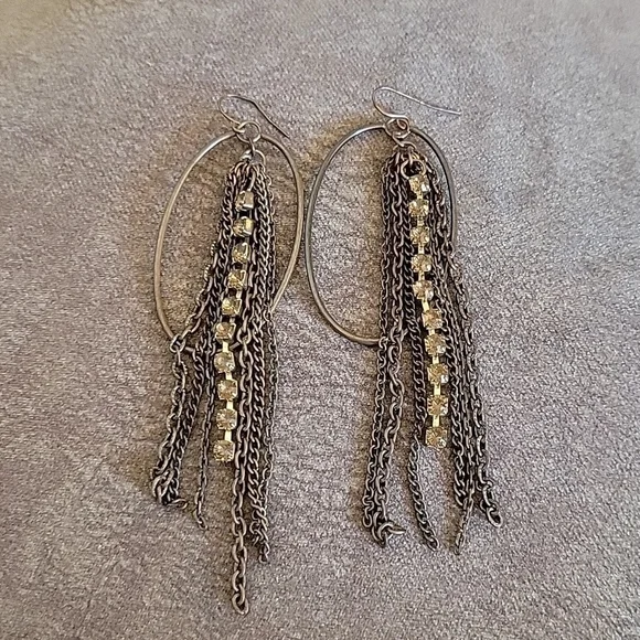 3/$30 Vtg Bronze Oval Rhinestone Chain Fringe Dangle Hook Festival Earrings - Picture 2 of 5
